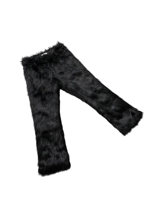 A pair of noir pelt trousers made of vegan fur with a high waist and lined with satin silk